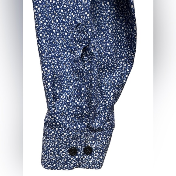 Express Fitted Shirt Mens Sz L 16-16.5 Blue W/White Flower Button Up Long Sleeve - Picture 3 of 5